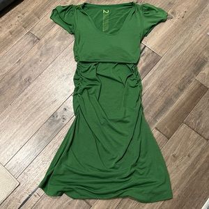 Maternity knit stretch dress with nursing overlay peek-a-boo top